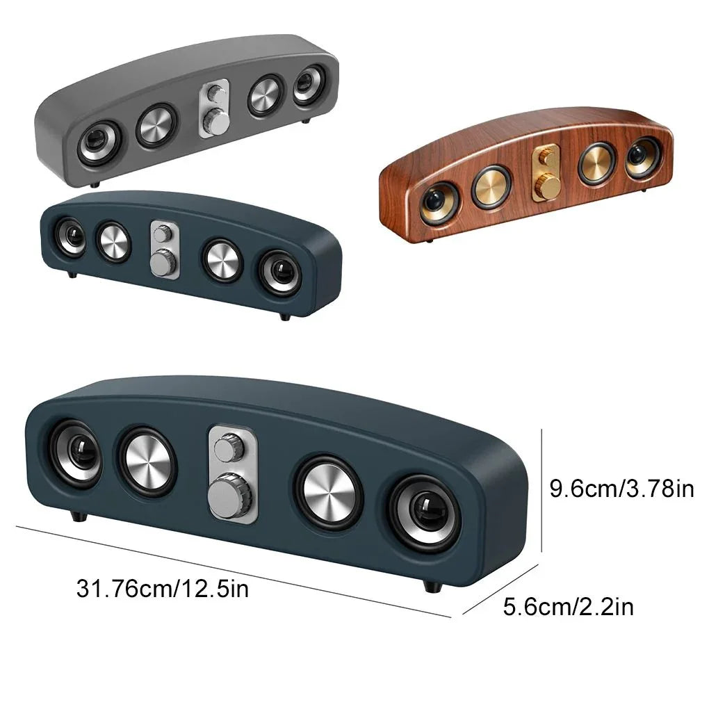 Multi-color wireless Bluetooth speakers with metallic dials and size dimensions displayed.
