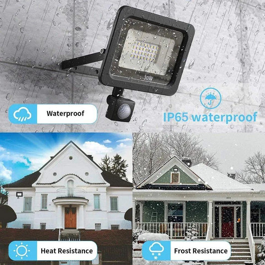 Outdoor LED floodlight with motion sensor, IP65 waterproof, heat and frost resistant, shown in rain and snow conditions.