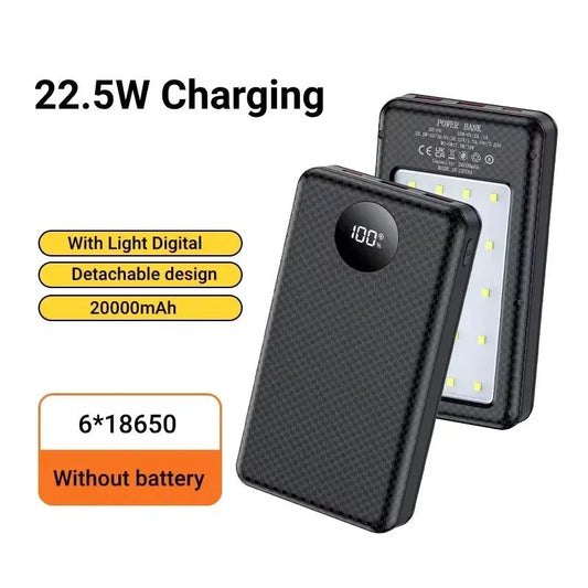 Portable power bank case with digital display, LED light panel, 22.5W charging, 20000mAh capacity, fits 6x18650 batteries.