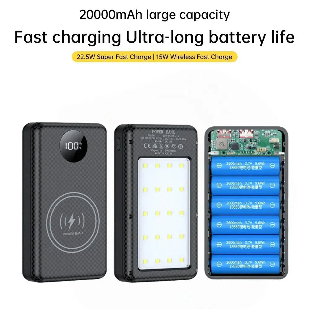 20000mAh fast charging power bank with LED display, wireless charging, and internal battery cells