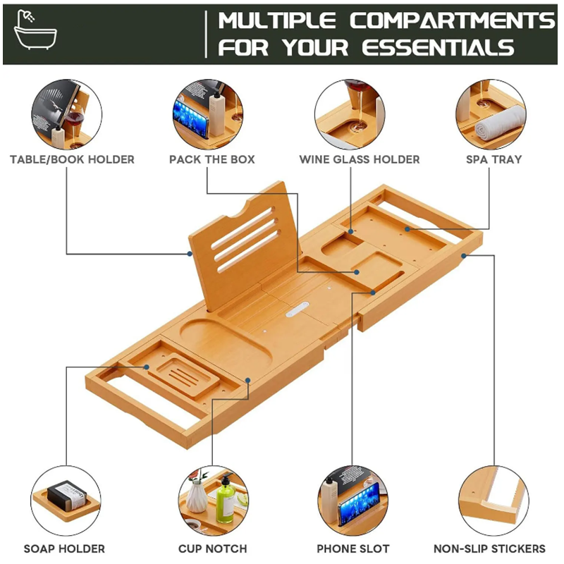 Luxury Bamboo Bathtub Tray – Foldable Bath Caddy Table for Books, Tablet & Wine