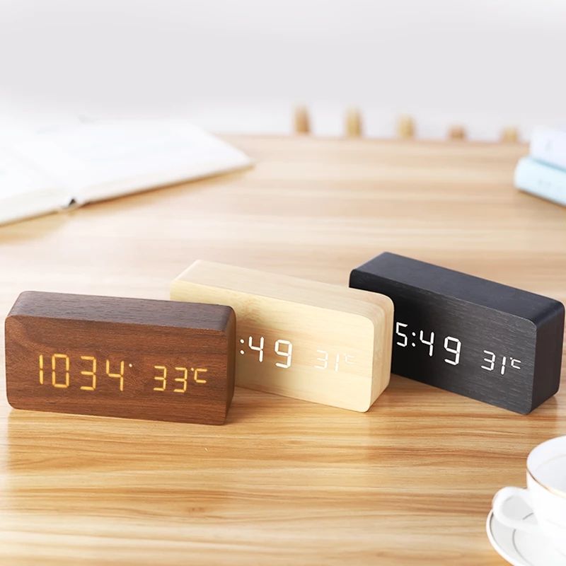 Wooden LED Digital Alarm Clock – Temperature Display Bedside & Desk Clock