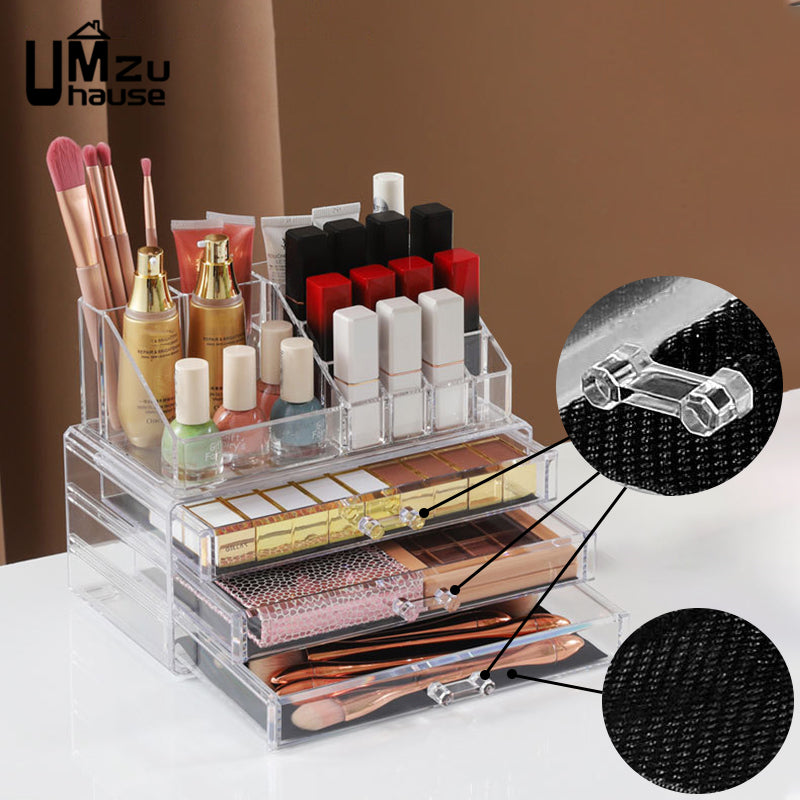 Clear Acrylic Makeup Drawer Organizer – Stackable Modular Cosmetic & Jewelry Storage Box with Velvet Lining