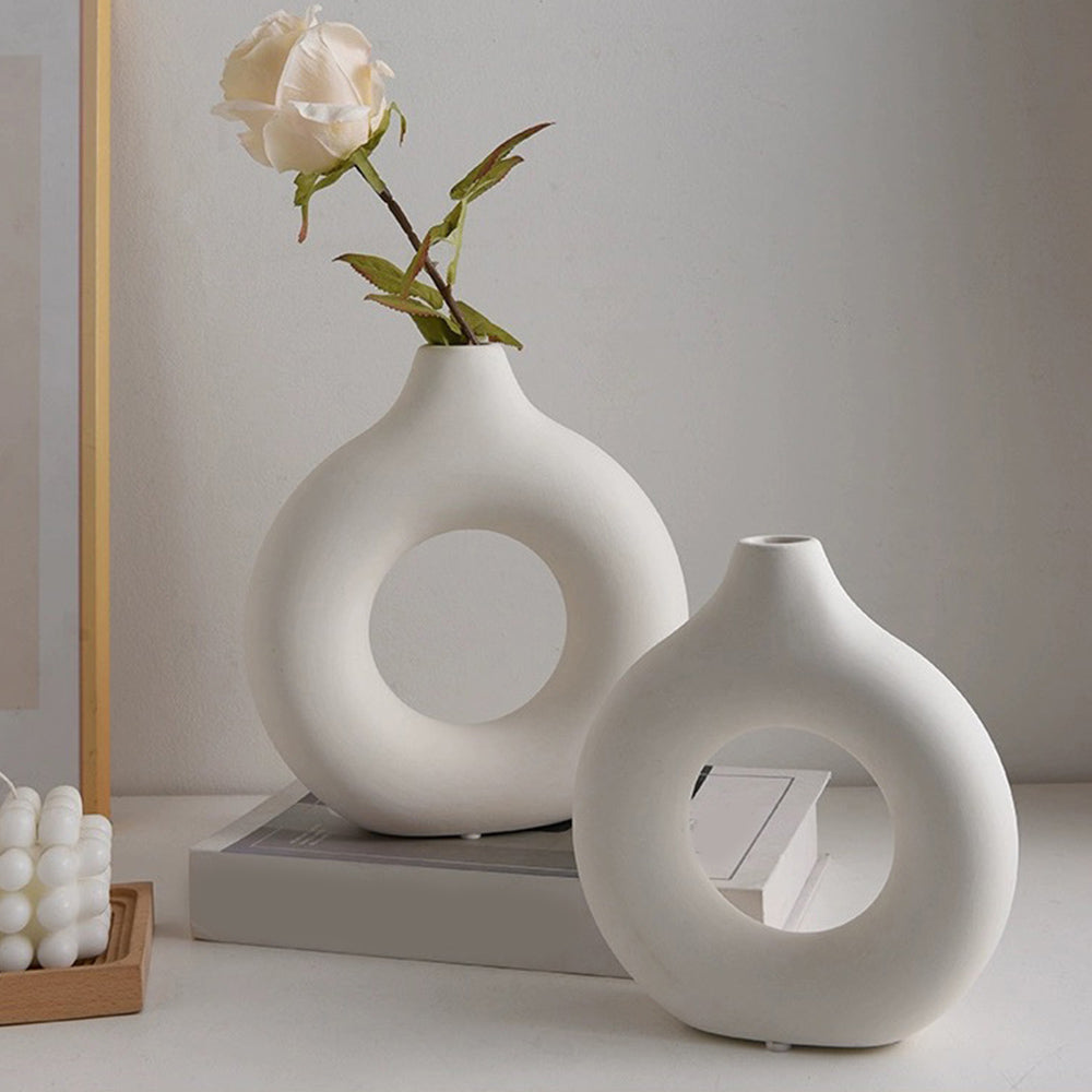 Nordic Circular Hollow Ceramic Vase – Modern Decorative Flower Vase for Home Décor