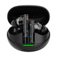 Black wireless earbuds with transparent stems in charging case with green LED indicator
