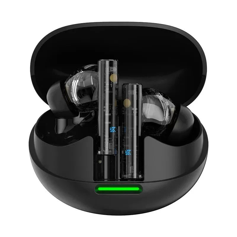 Black wireless earbuds with transparent stems in charging case with green LED indicator