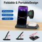 Foldable wireless charging station for phone, smartwatch, and earbuds with adjustable angles.