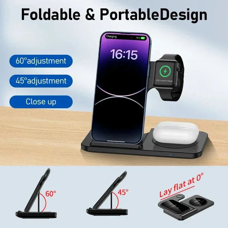 Foldable wireless charging station for phone, smartwatch, and earbuds with adjustable angles.