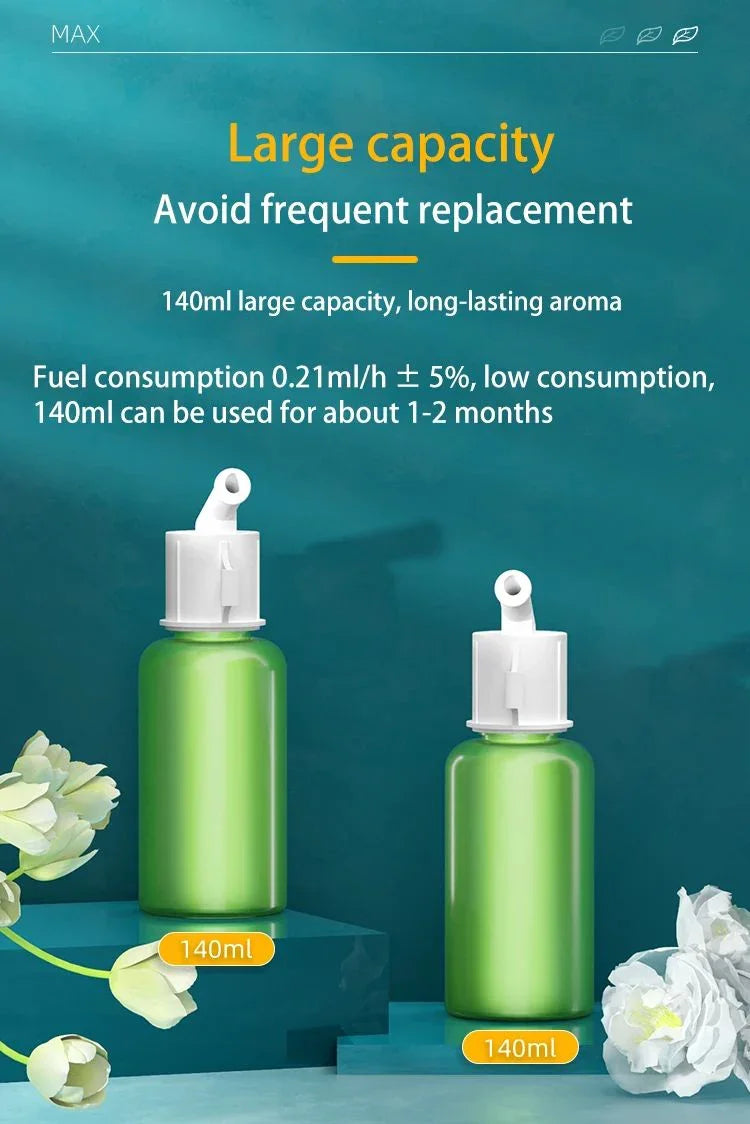 Two 140ml green aroma diffuser refills with white caps on teal display, large capacity, long-lasting scent.
