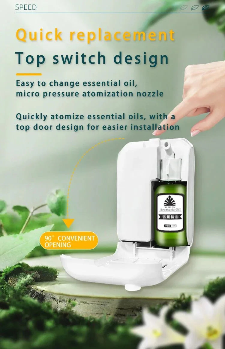 Essential oil diffuser with easy top switch design, showing quick replacement and 90-degree opening.