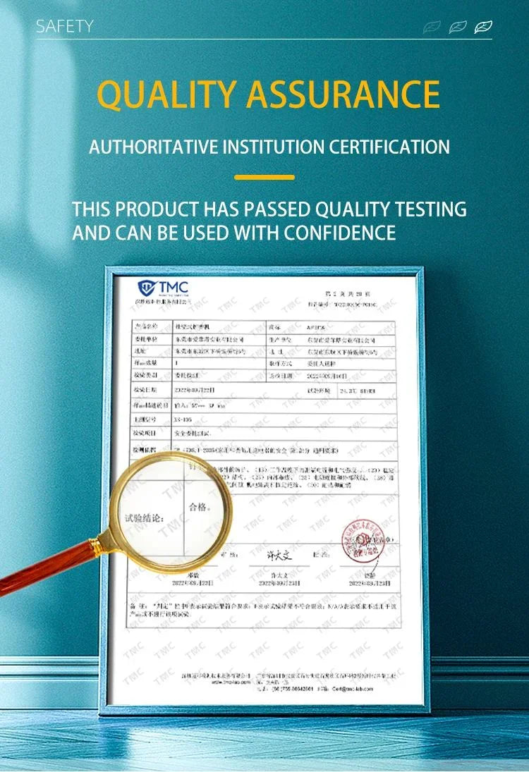 Quality assurance certification document with magnifying glass and testing approval notice