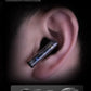 Close-up of in-ear wireless earbud with ergonomic design, showing three sizes of ear tips.