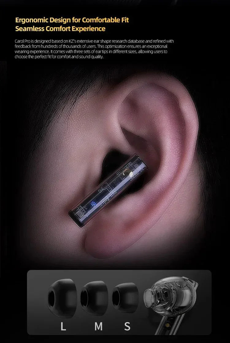 Close-up of in-ear wireless earbud with ergonomic design, showing three sizes of ear tips.