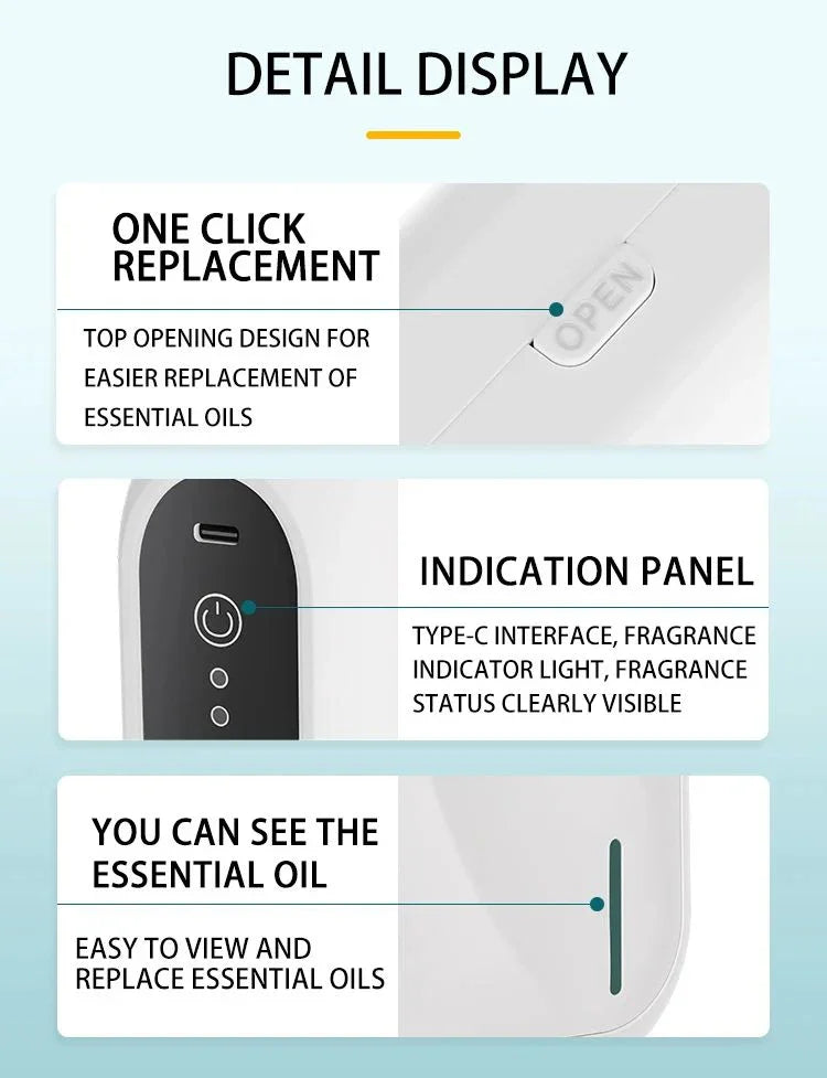 Essential oil diffuser detail display with easy replacement, USB Type-C port, visible oil level.