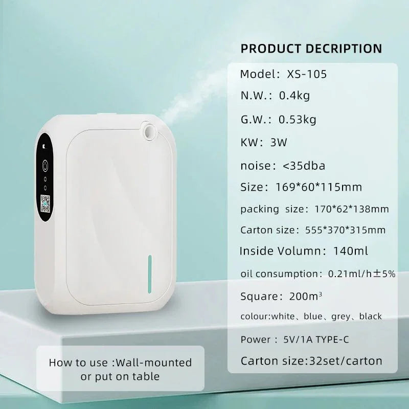 White smart home aroma diffuser with LED display, wall-mountable, 140ml capacity, modern design