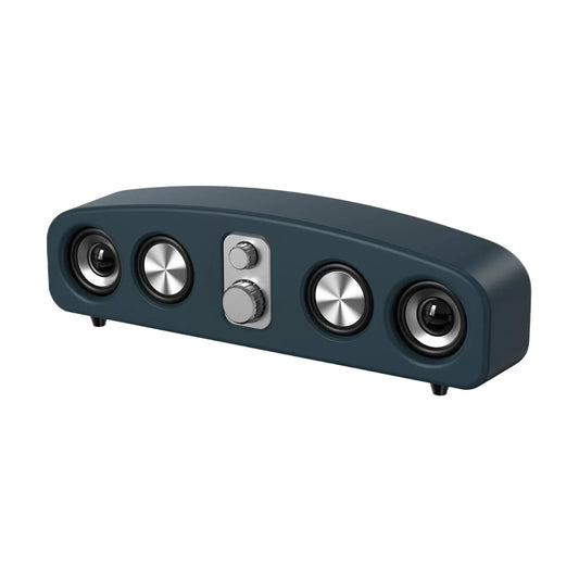 Modern wireless Bluetooth speaker with dual drivers and sleek control knobs, dark blue finish