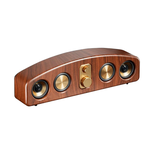 Modern wireless Bluetooth speaker with wood finish and gold accents, retro home decor gadget