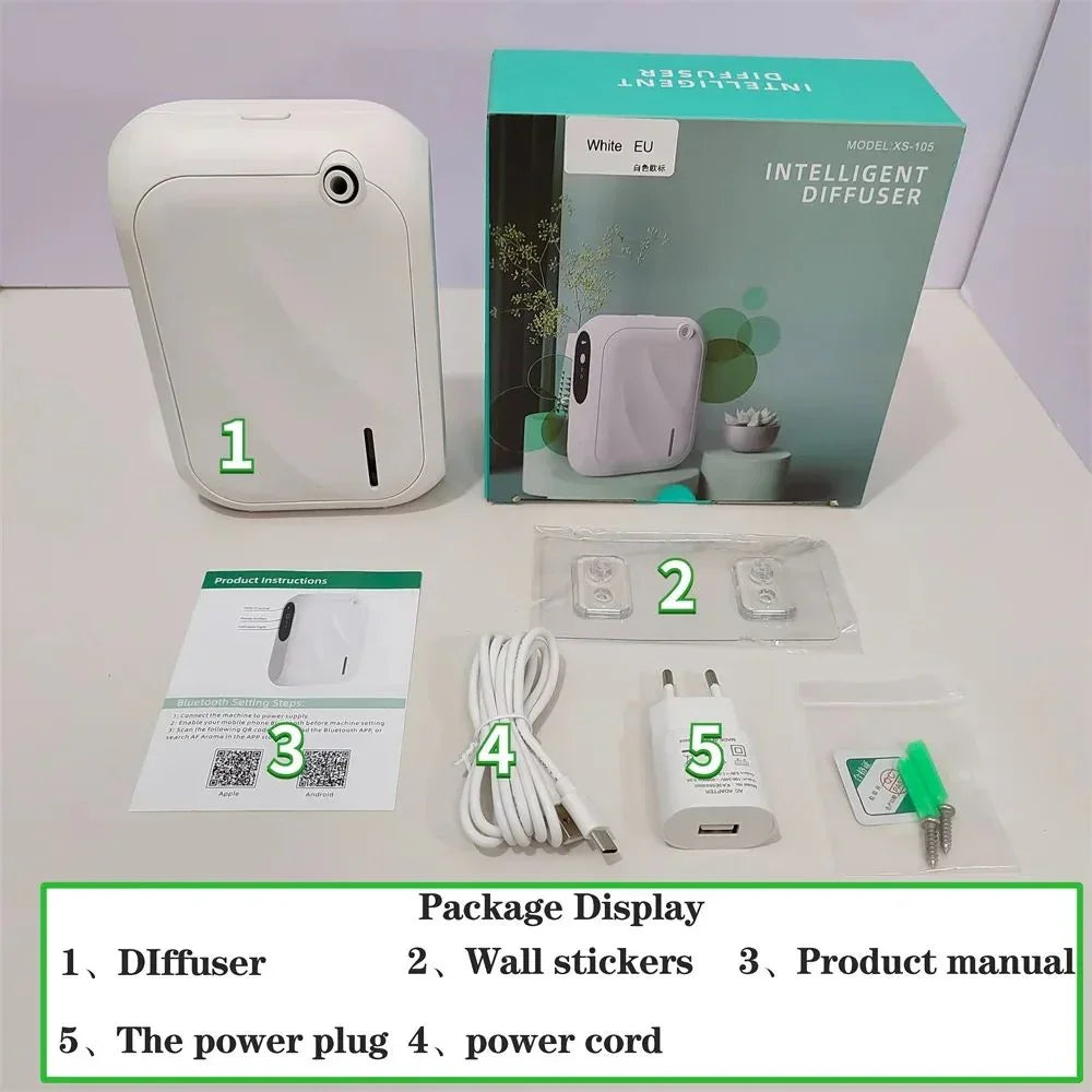 Smart home diffuser kit with diffuser device, wall stickers, product manual, power cord, and EU power plug displayed on a white surface.