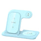 Light blue wireless charging station for phone, earbuds, and smartwatch, modern design