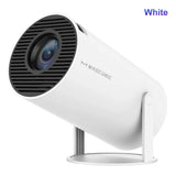 Modern white portable projector with stand, sleek cylindrical design, Magcubic logo visible