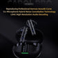 Black wireless earbuds with transparent accents and charging case, featuring six-microphone hybrid noise cancellation and high-resolution audio technology.
