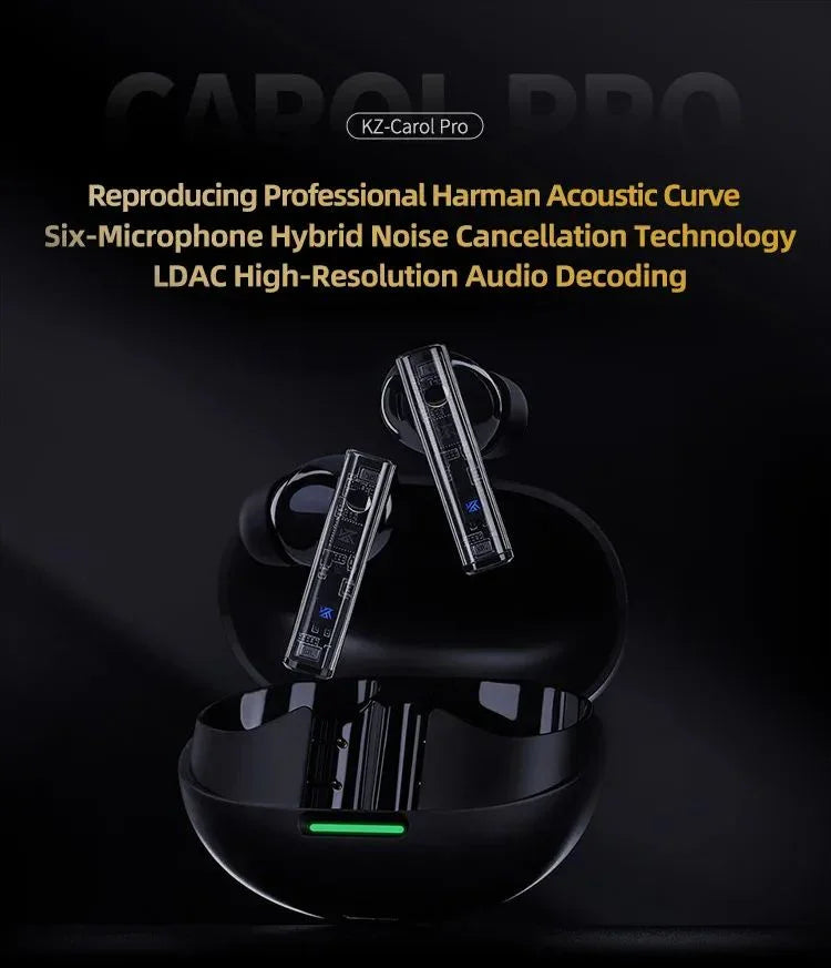 Black wireless earbuds with transparent accents and charging case, featuring six-microphone hybrid noise cancellation and high-resolution audio technology.