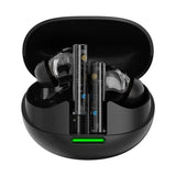 Black wireless earbuds with transparent stems in charging case with green LED indicator