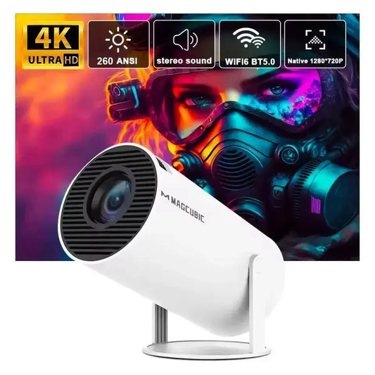 4K ultra HD smart projector with WiFi 6, stereo sound, displaying vibrant movie scene