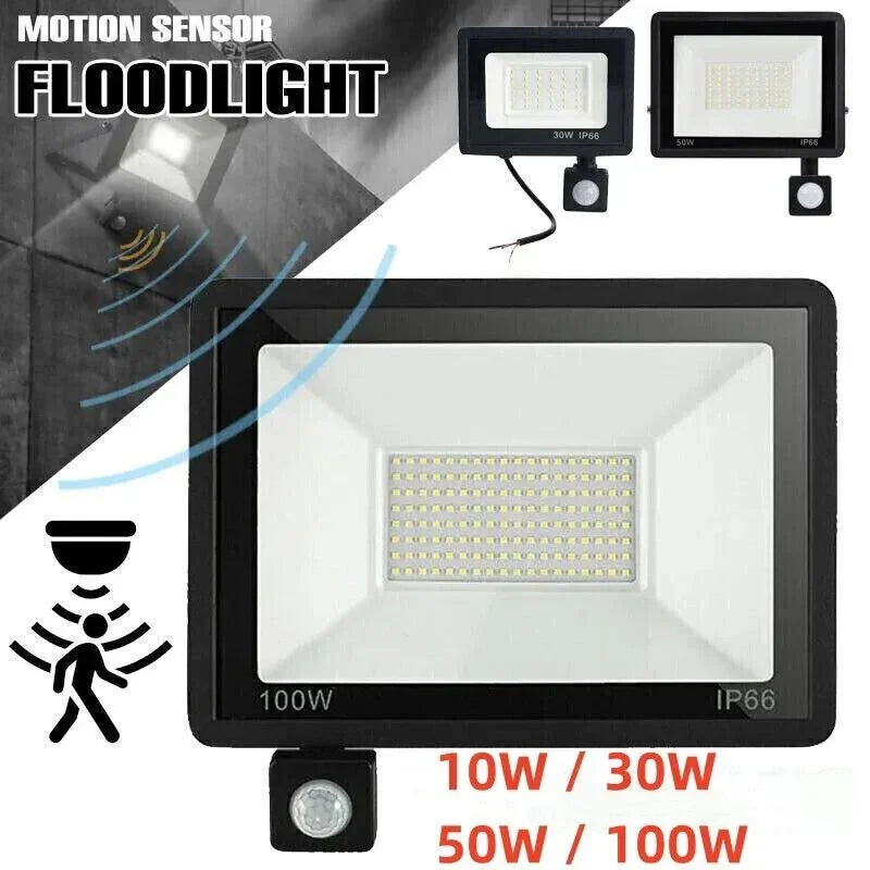 LED motion sensor floodlight for outdoor security, IP66 waterproof, available in 10W to 100W