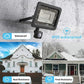 Outdoor LED floodlight with motion sensor, IP65 waterproof, heat and frost resistant, shown in rain and snow conditions.
