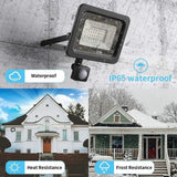 Outdoor LED floodlight with motion sensor, IP65 waterproof, heat and frost resistant, shown in rain and snow conditions.