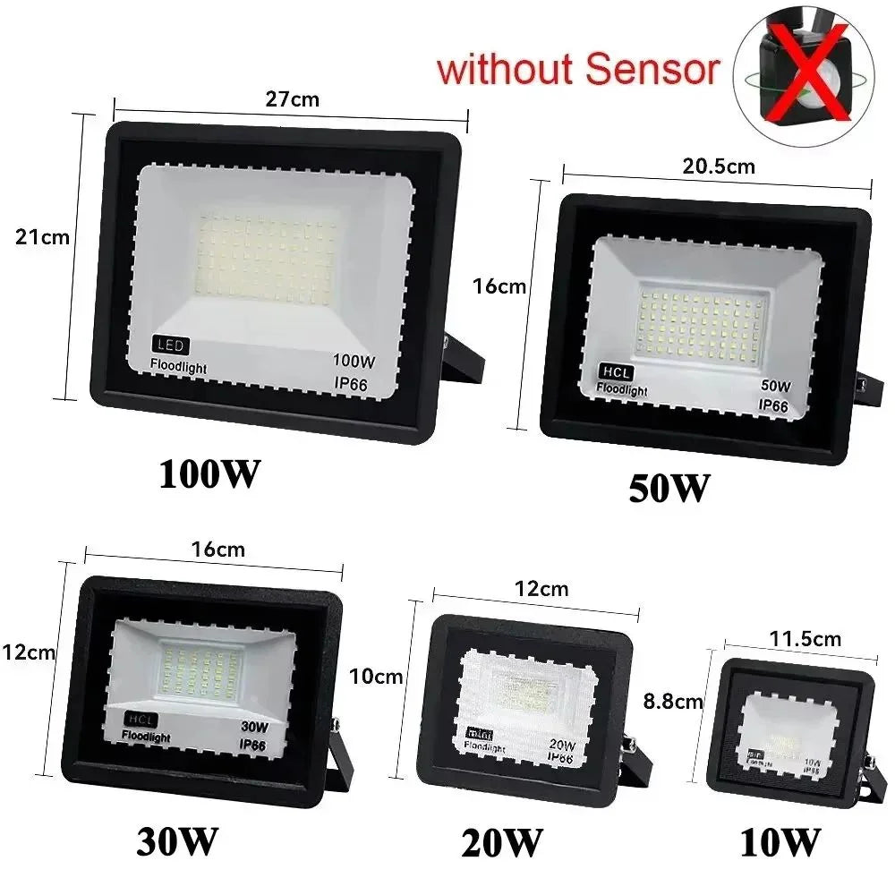 LED floodlights in various wattages and sizes without sensor, suitable for outdoor lighting