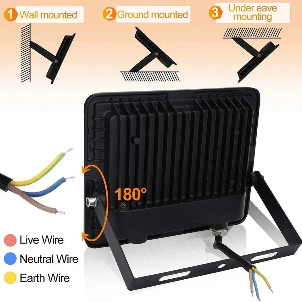 Adjustable outdoor floodlight with mounting options and exposed wiring diagram