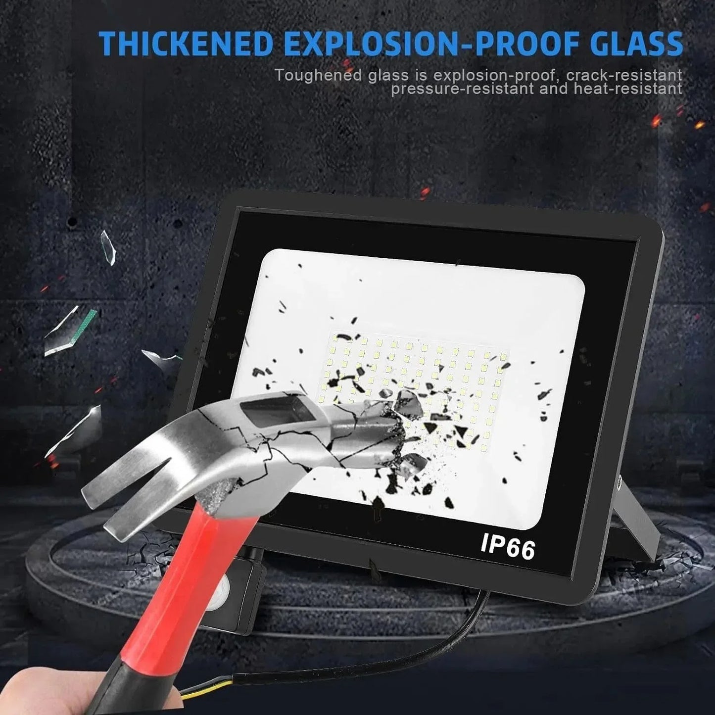 IP66 LED floodlight with hammer hitting explosion-proof glass, demonstrating durability and toughness.