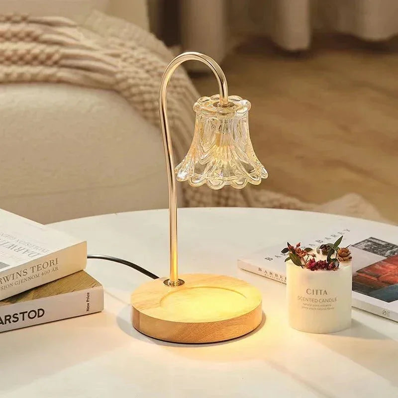 Modern decorative table lamp with clear glass shade and wooden base on a cozy living room table