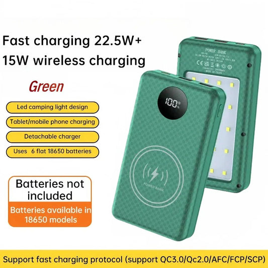 Green portable power bank with LED camping light, wireless charging feature, and digital display.