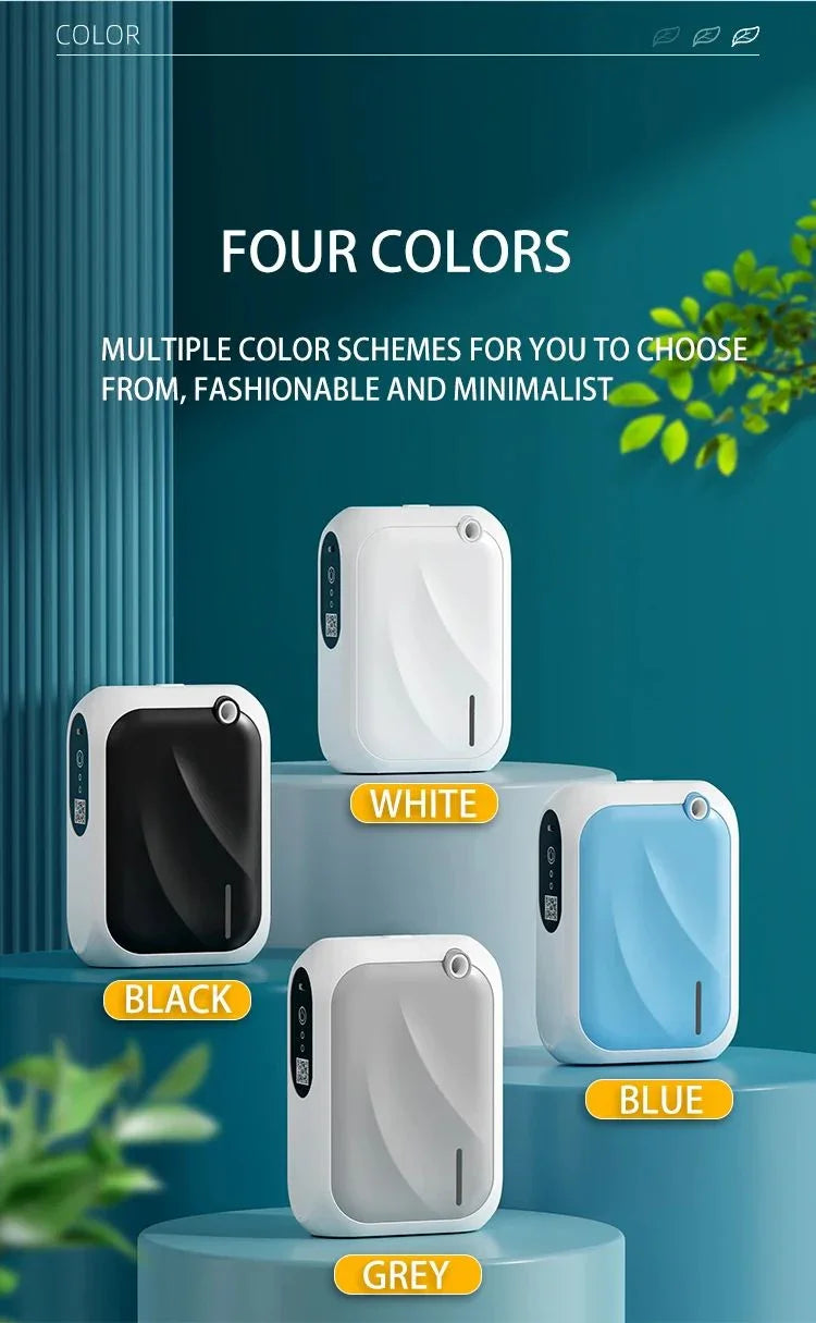 Modern smart home wall-mounted gadget in white, black, grey, and blue color options.