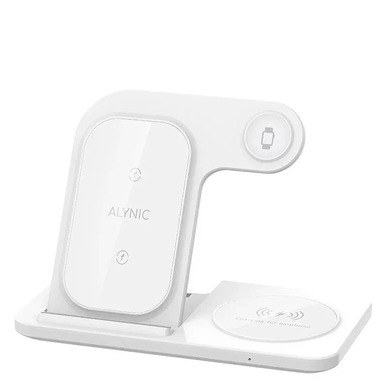White multi-device wireless charging station for smartphone, earbuds, and smartwatch