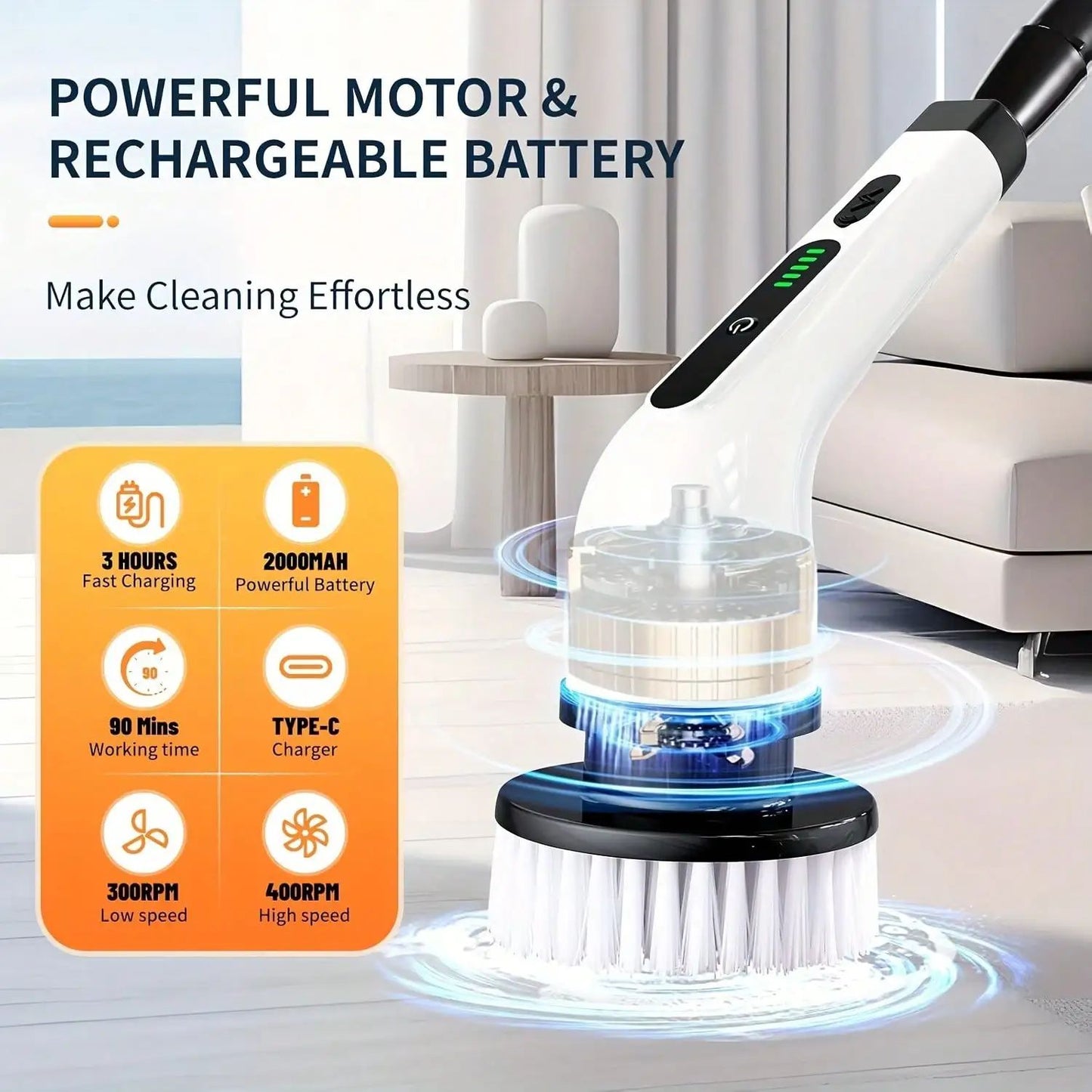 PUFTEM Cordless Electric Spin Scrubber with Battery Display