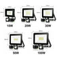 LED flood lights with motion sensor in 10W, 20W, 30W, 50W, 100W with size details shown.
