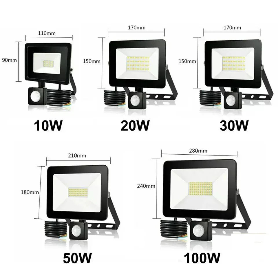 LED flood lights with motion sensor in 10W, 20W, 30W, 50W, 100W with size details shown.