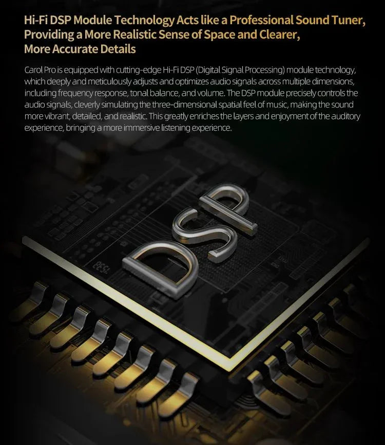 Close-up of Hi-Fi DSP module chip with metallic connectors and DSP text, representing smart audio technology.