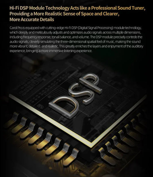 Close-up of Hi-Fi DSP module chip with metallic connectors and DSP text, representing smart audio technology.