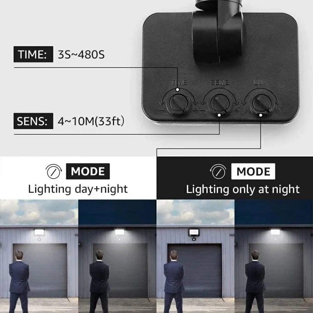 Outdoor security light sensor controls and settings, showing motion detection, day and night modes.
