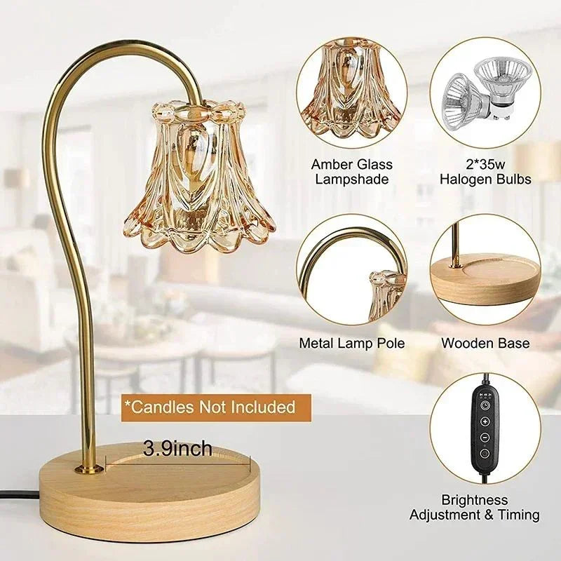 Modern desk lamp with amber glass lampshade, wooden base, metal pole, and remote control.