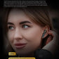Woman wearing wireless earbud, highlighting LDAC high-resolution audio and transmission speed comparison.