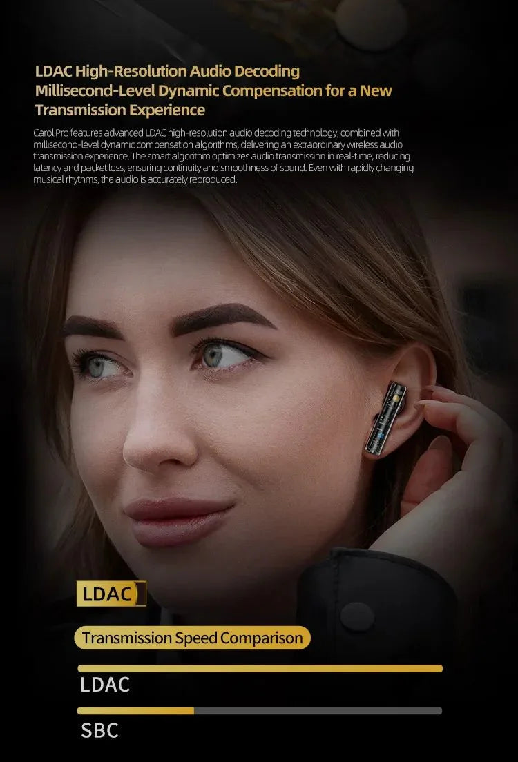 Woman wearing wireless earbud, highlighting LDAC high-resolution audio and transmission speed comparison.
