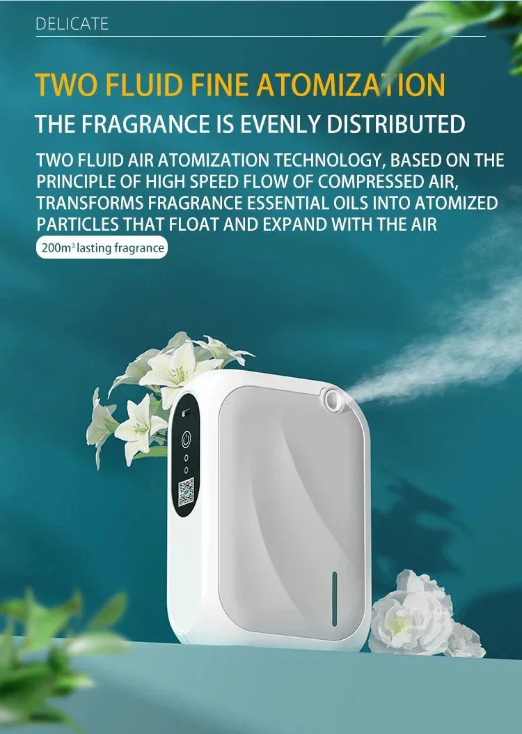 Modern smart home diffuser with fine atomization spraying fragrance, white flowers nearby