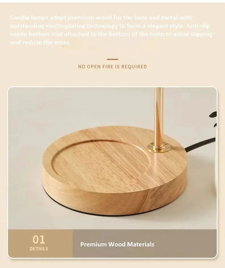 Close-up of a modern lamp with a round premium wood base and gold metal stem, smart home decor.