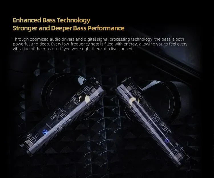 Wireless earbuds with transparent casing highlighting internal enhanced bass technology on dark background